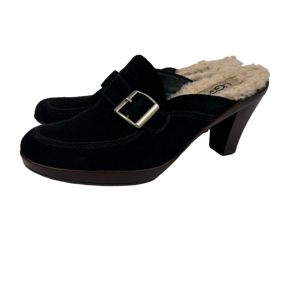 UGG Black Suede Shearling Slip On Heeled Mules